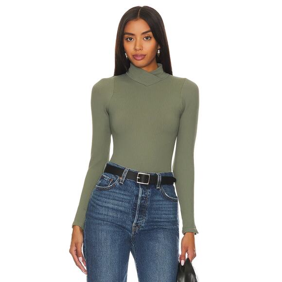 [Free People] Army Green XYZ Bodysuit Long Sleeve Ribbed Turtleneck NWT Sz L/XL - Picture 1 of 12